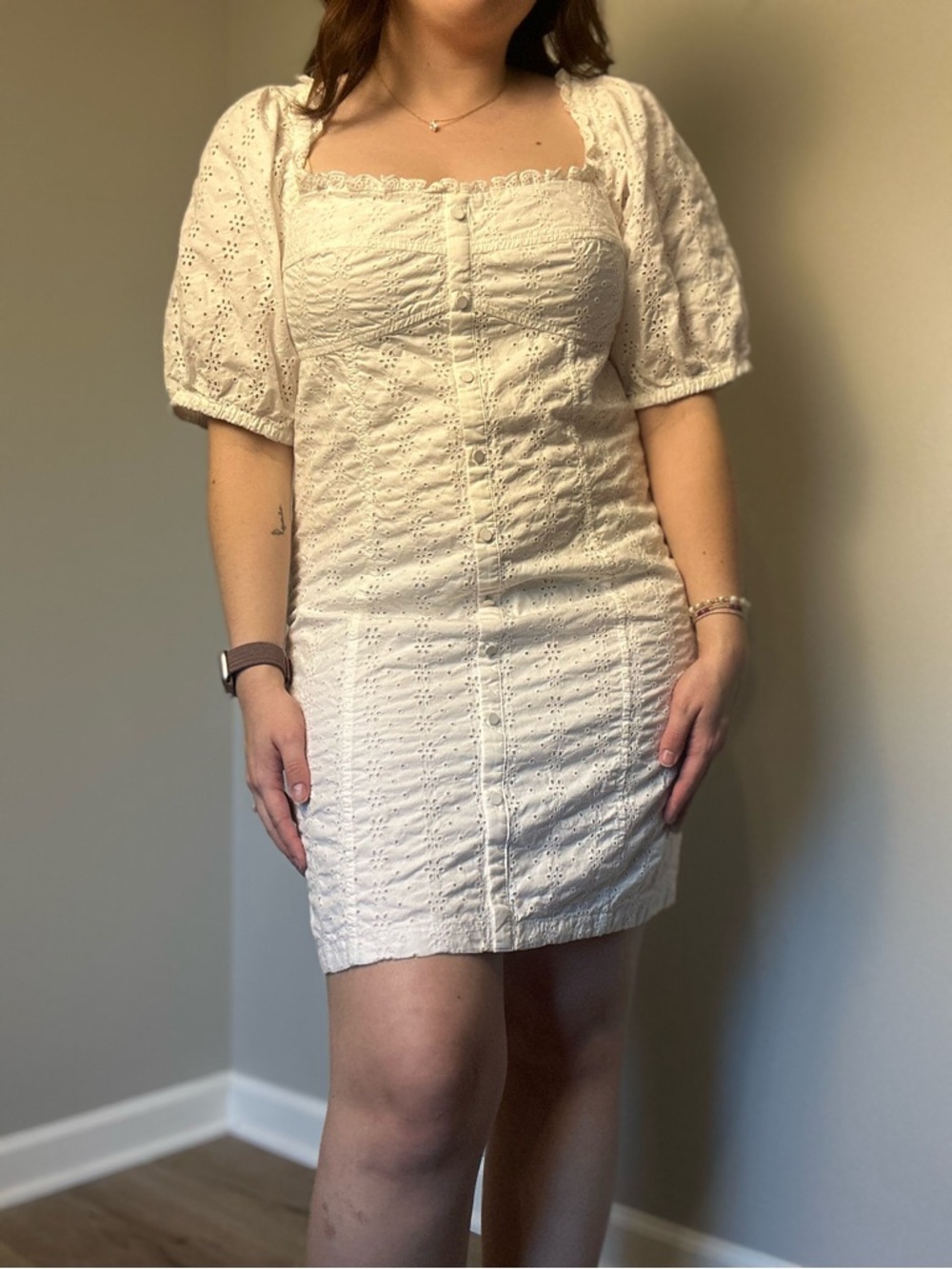 Gap White Eyelet Puff Sleeve Bodycon Button Front Mini Dress